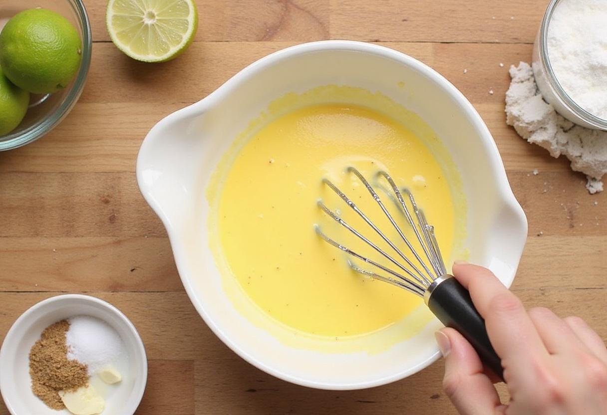 Preparing the filling for key lime pie cookies, showing inside a mixing bowl with key lime juice and eggs being blended.