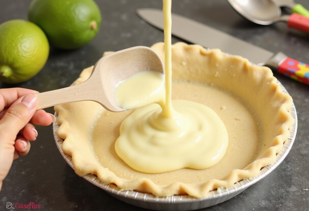Pouring key lime pie ice cream filling into a pie crust, emphasizing the vibrant color of the mixture.