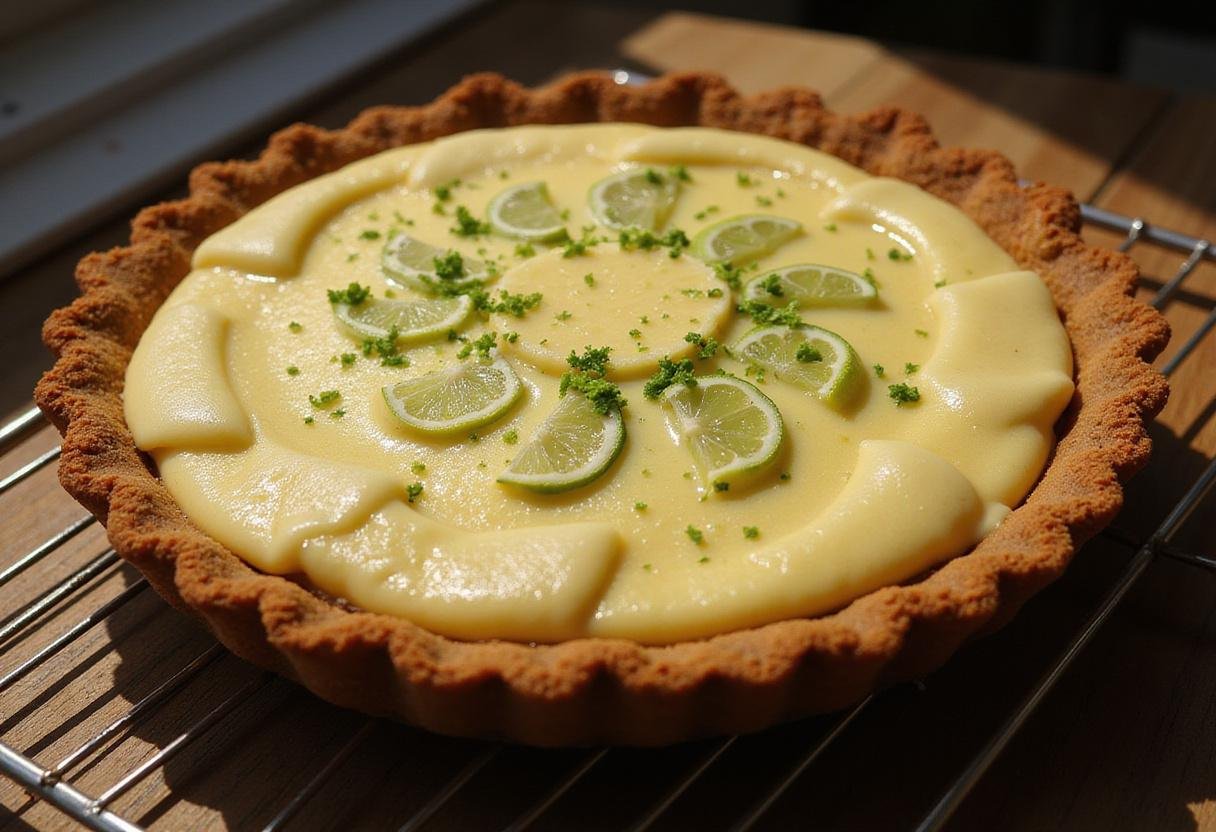 Cooling key lime pie dessert on a wire rack with fresh lime zest, highlighting its vibrant and appealing appearance.
