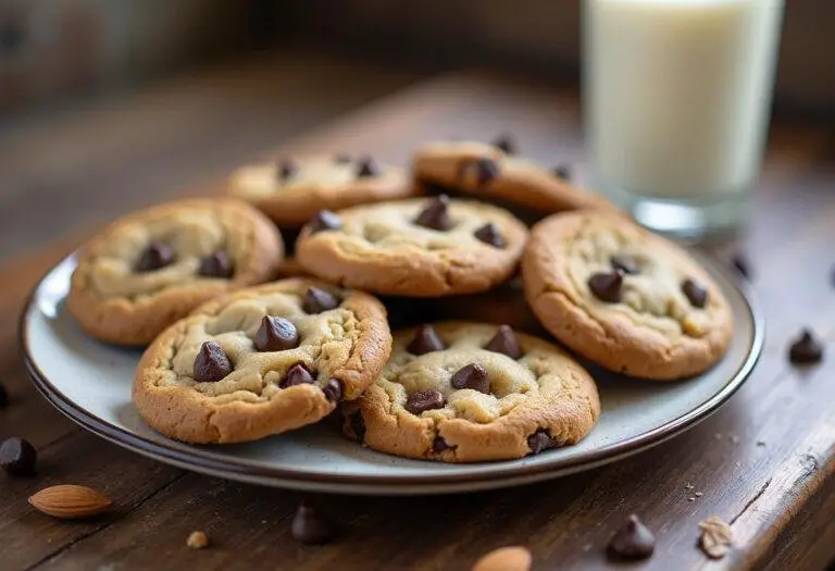 Displaying a delicious plate of paleo chocolate chip cookies, highlighting their golden-brown texture and a healthy lifestyle.