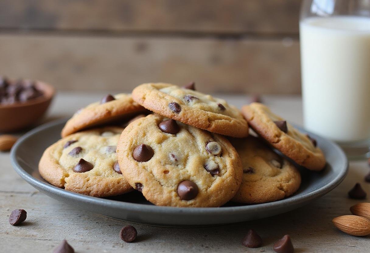 Displaying a delicious plate of paleo chocolate chip cookies, highlighting their golden-brown texture and a healthy lifestyle.