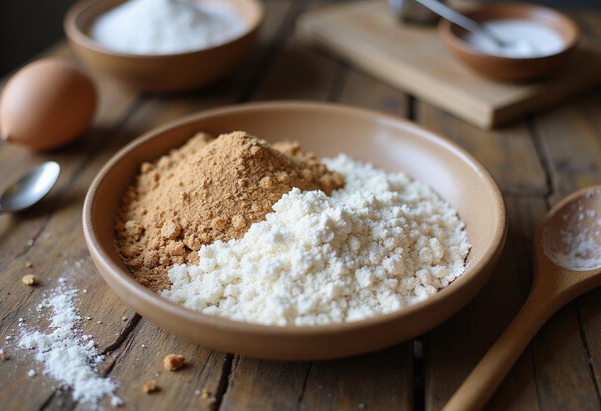 Mixing dry ingredients for low sugar chocolate chip cookies in a rustic kitchen setting, focusing on paleo-friendly flours.