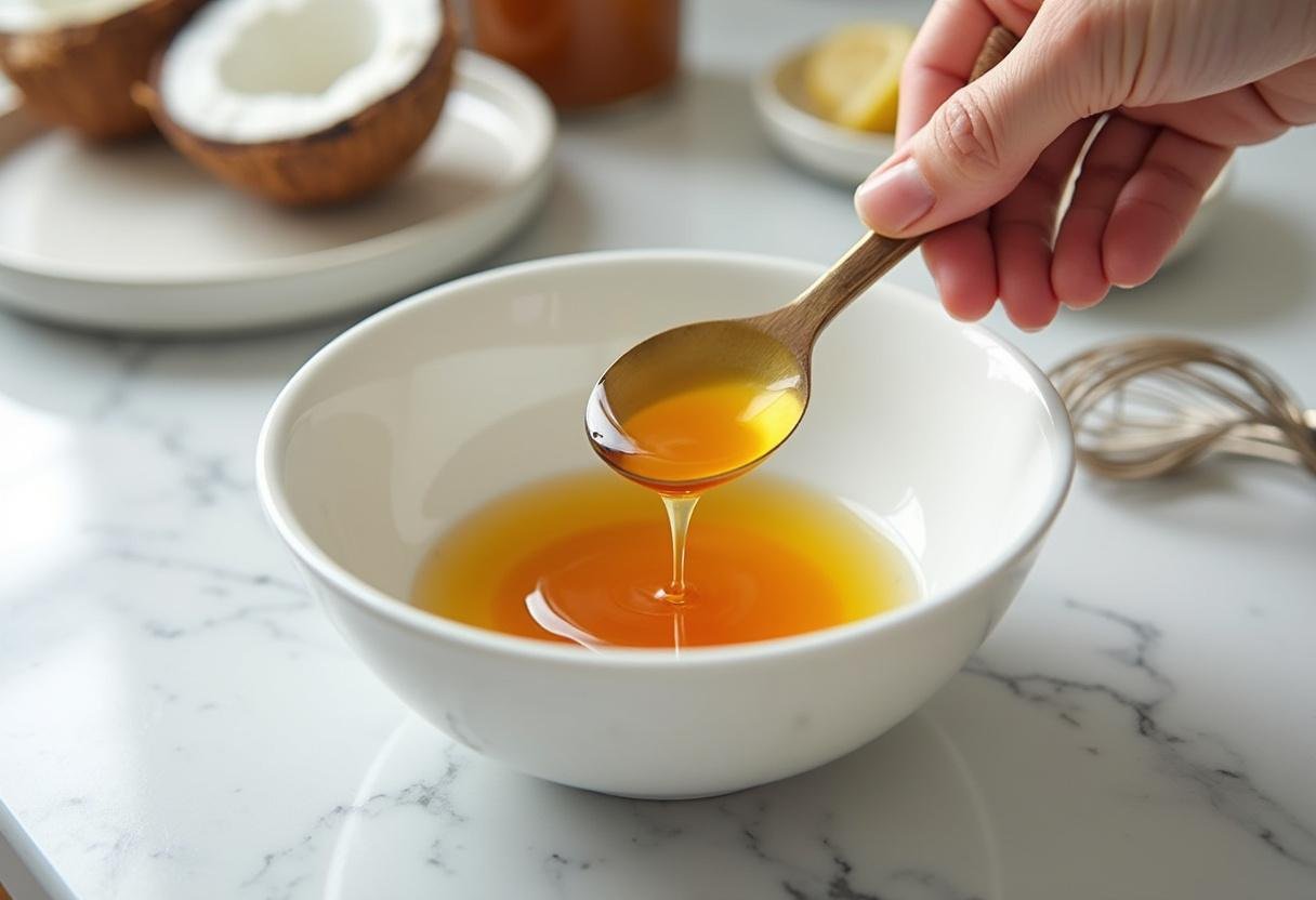 Preparing the wet ingredients for paleo chocolate chip cookies, showcasing a healthy blend of coconut oil and honey in a warm kitchen.