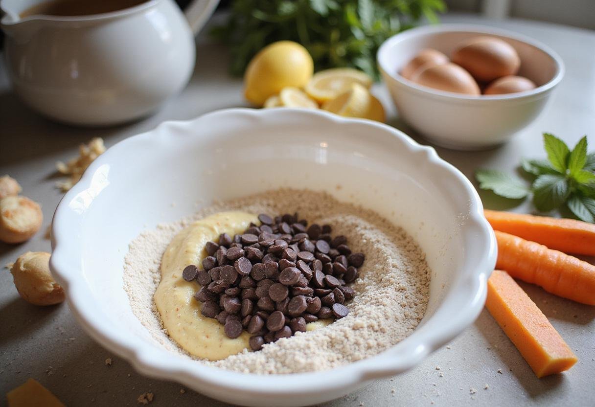 Combining wet and dry ingredients for low sugar chocolate chip cookies, highlighting a blend of paleo ingredients and chocolate chips.