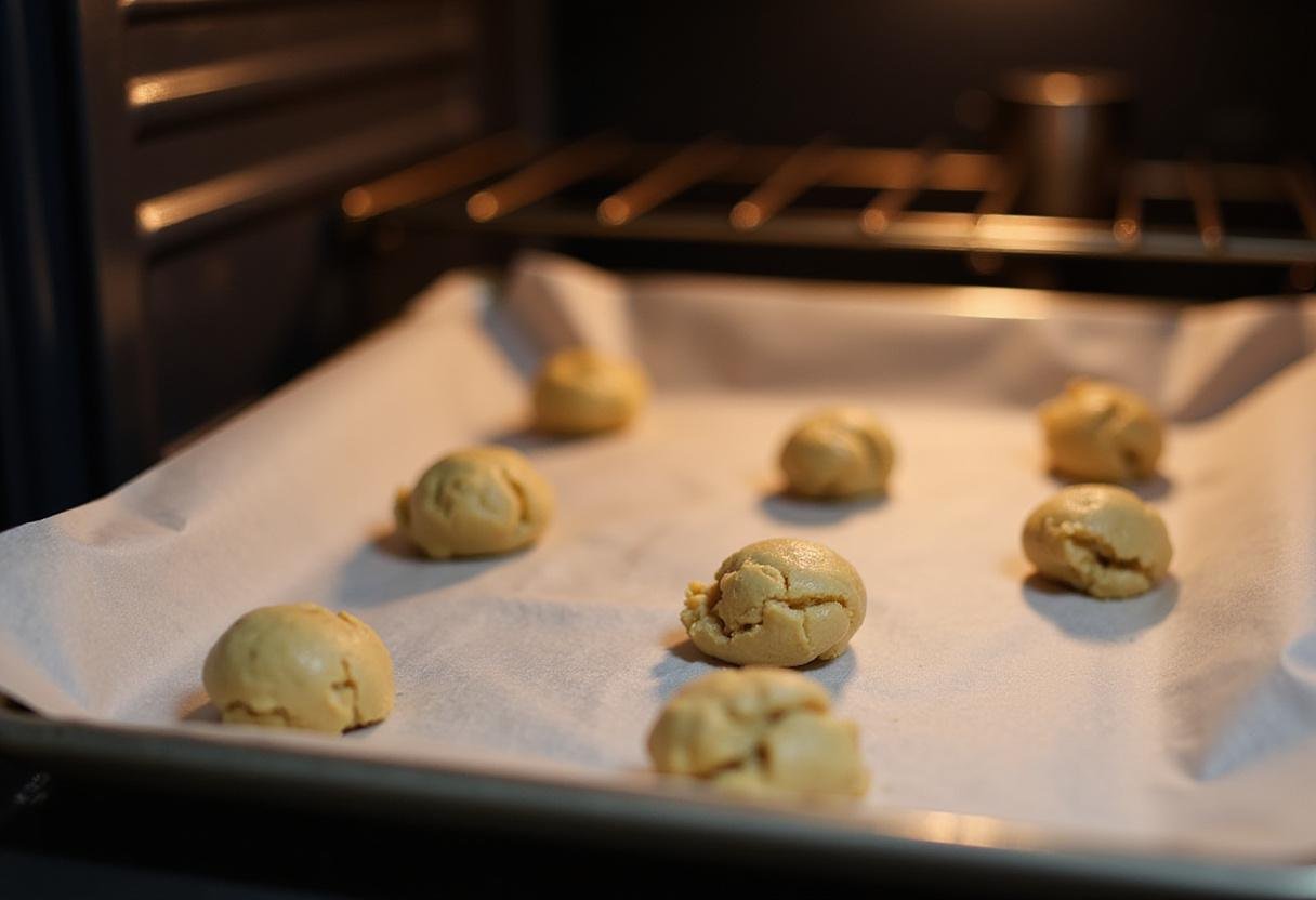 Scooping cookie dough onto a tray for paleo chocolate chip cookies in a homey kitchen, preparing for baking.