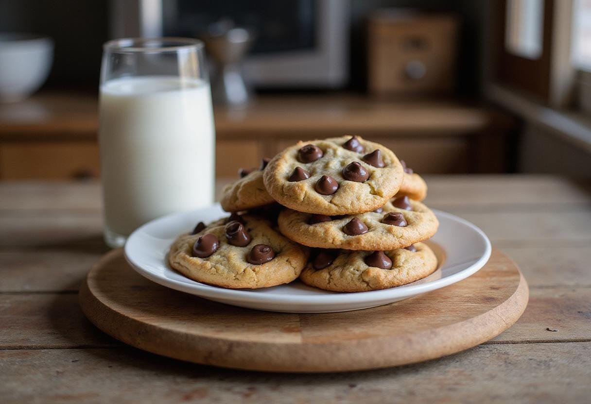 Final result of Mama Kelce's delicious cookies arranged beautifully on a wooden board, ready to be served with a glass of milk, showcasing irresistible homemade treats.