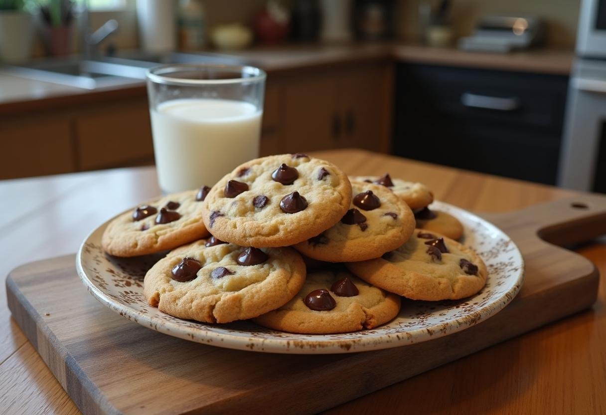 Final result of Mama Kelce's delicious cookies arranged beautifully on a wooden board, ready to be served with a glass of milk, showcasing irresistible homemade treats.