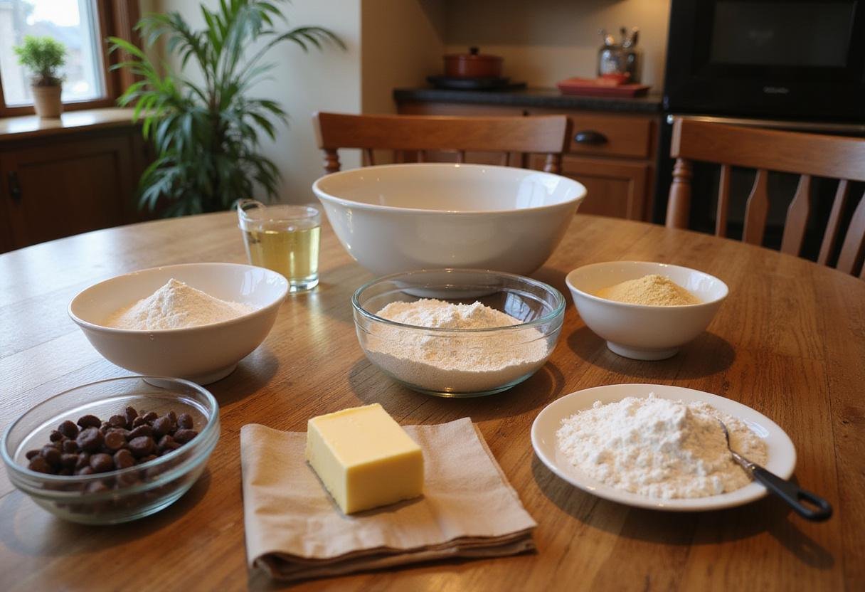 Colorful display of ingredients for Mama Kelce's cookie recipe including butter, flour, sugar, and chocolate chips in a cozy kitchen atmosphere.