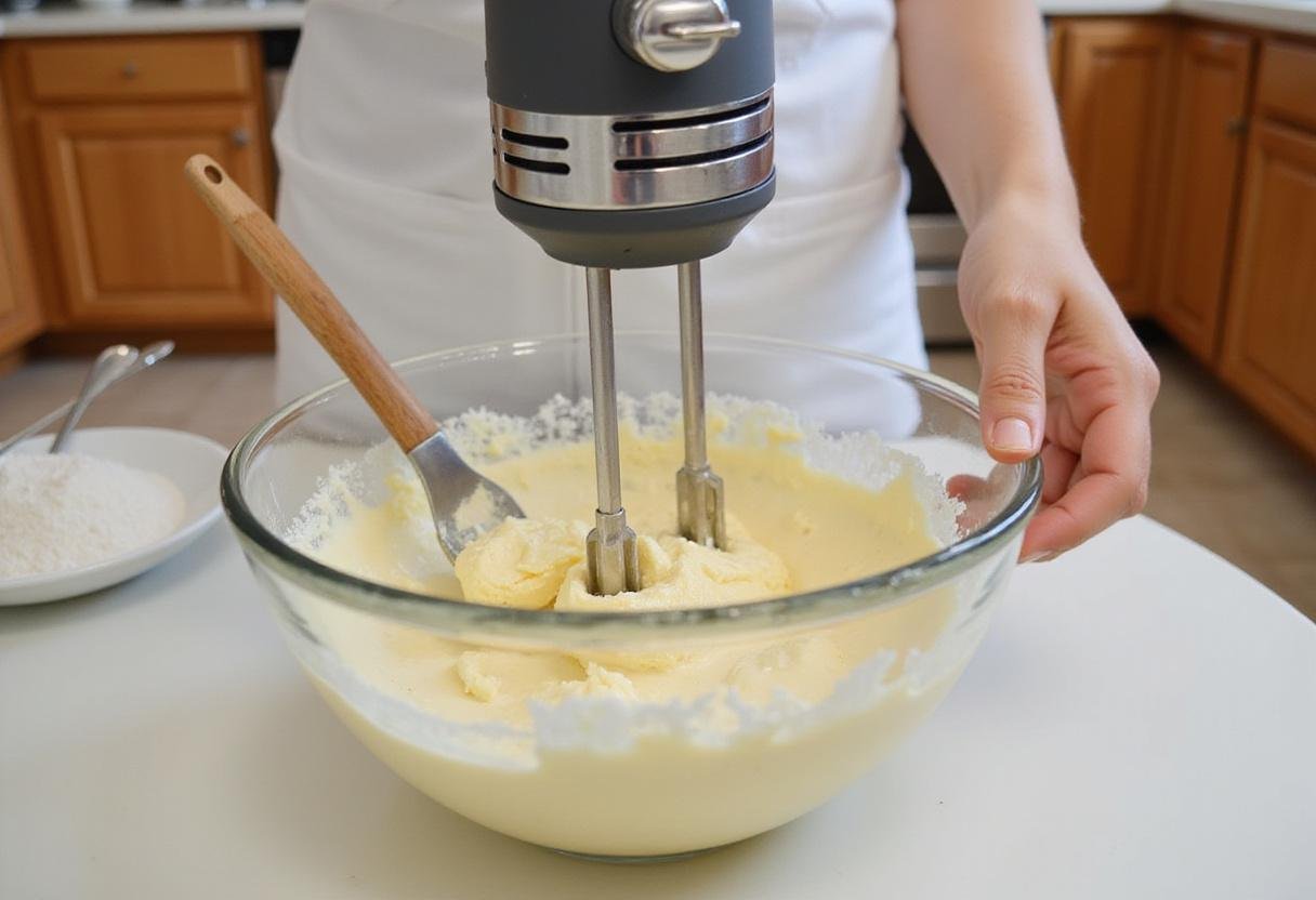 Mixed creamy butter and sugar mixture in a bowl for Mama Kelce's cookie recipe, showcasing the blending process in a bright kitchen.