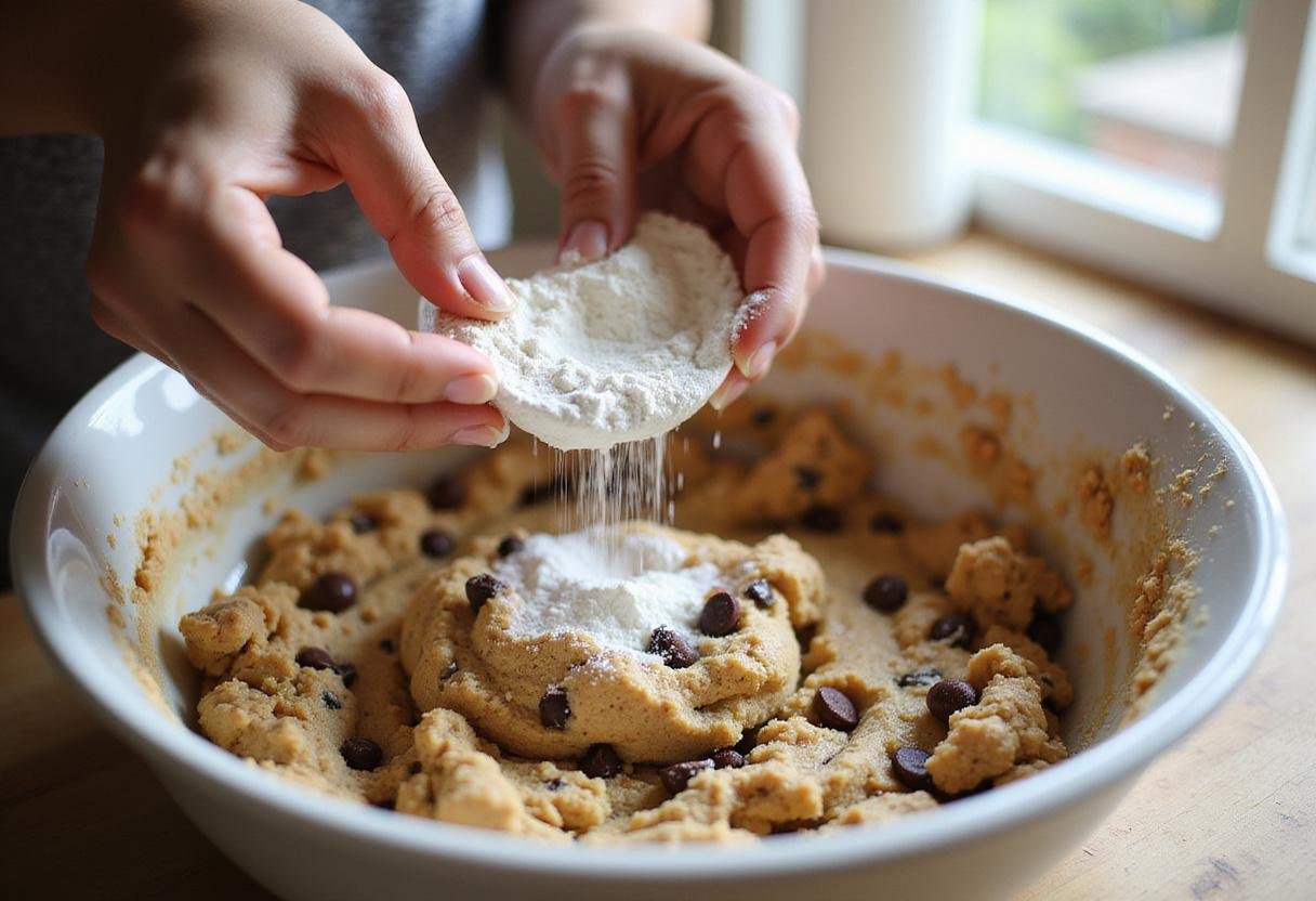 Delicious cookie dough with chocolate chips being prepared for Mama Kelce's cookie recipe, filled with happiness and warm sunlight in the kitchen.