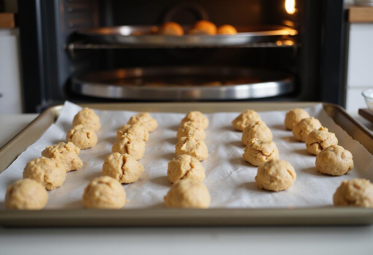 Placing cookie dough balls onto a baking tray for Mama Kelce's cookies, adding to the anticipation of the baking process in a warm kitchen setting.