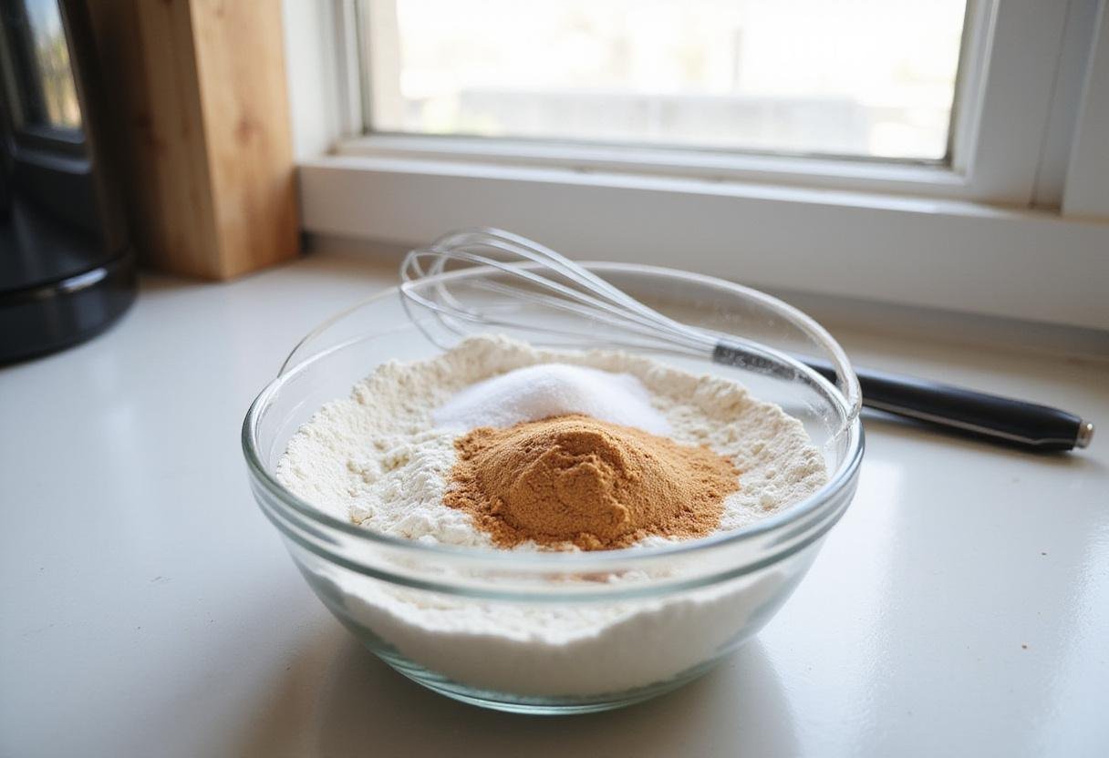 Mixing dry ingredients for chocolate chip and marshmallow cookies, creating a fluffy cookie batter base.
