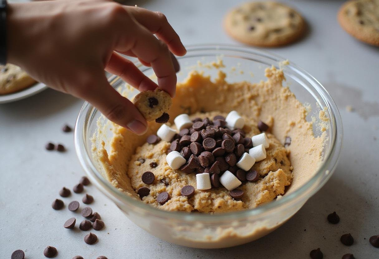 Adding chocolate chips and marshmallows into the cookie dough for an indulgent chocolate chip and marshmallow cookie experience.
