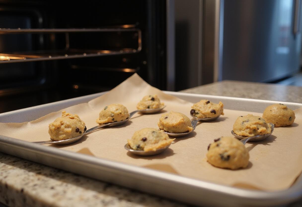 Preparing chocolate chip and marshmallow cookie dough for baking, setting the stage for deliciously baked treats.