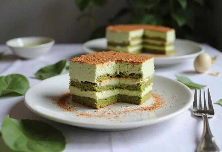 Beautifully presented matcha tiramisu ready to be enjoyed, featuring layers of matcha and ladyfingers.