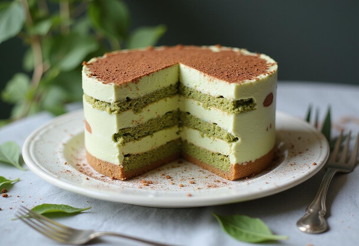 Beautifully presented matcha tiramisu ready to be enjoyed, featuring layers of matcha and ladyfingers.