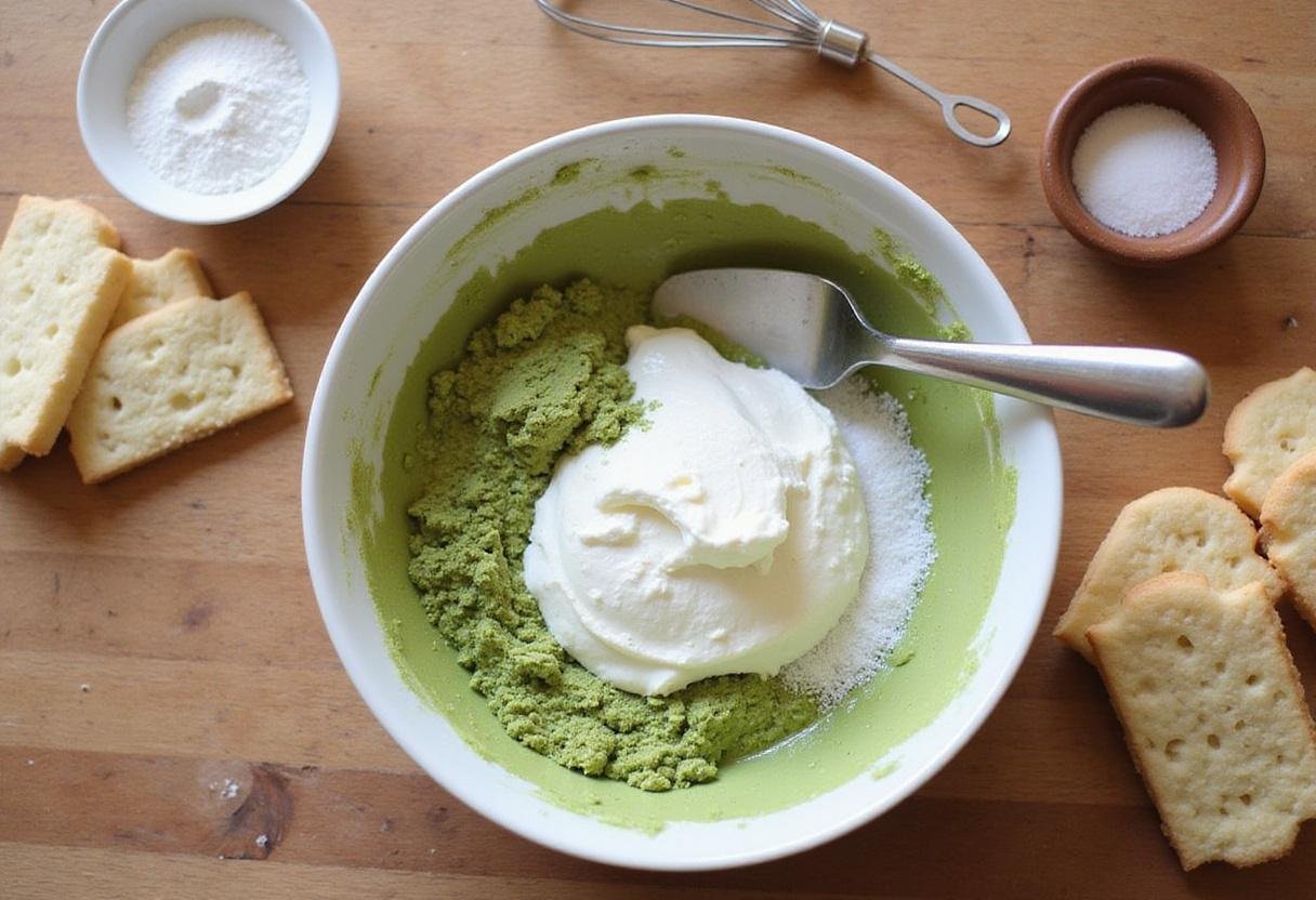 Mixing matcha powder with mascarpone cheese for a delicious matcha tiramisu recipe.