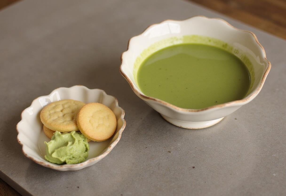 Preparing brewed matcha tea for soaking ladyfinger cookies in a classic matcha tea tiramisu.