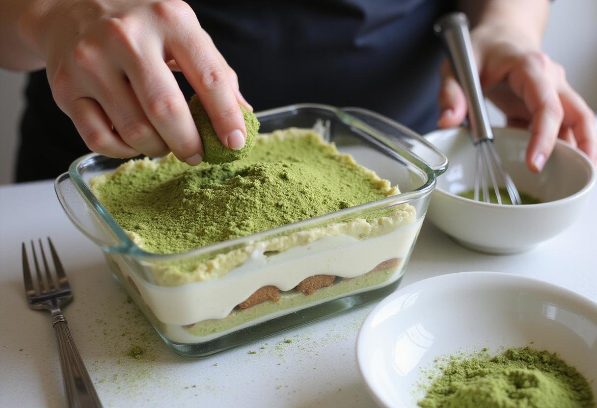 Adding the finishing touch to matcha tiramisu with a dusting of matcha powder.