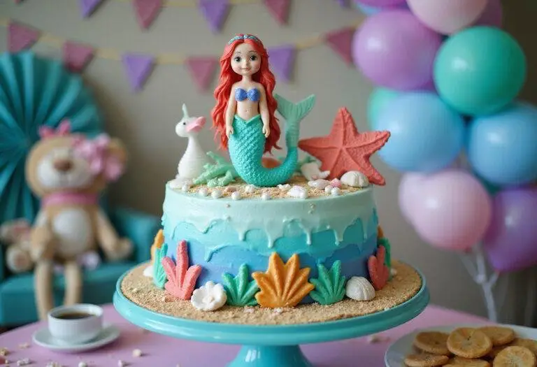 Stunning mermaid birthday cake displayed on a cake stand, featuring vibrant colors and decorations, perfect for a celebration.