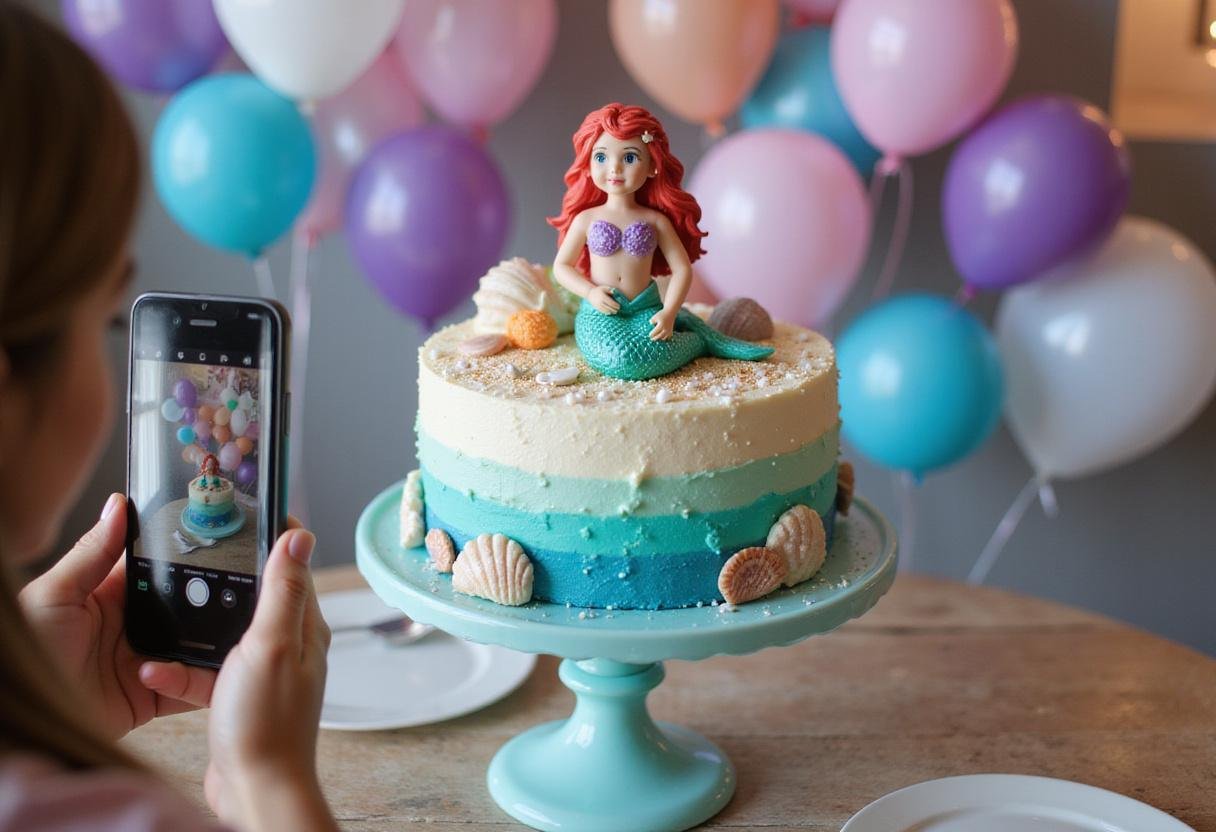 Stunning mermaid birthday cake displayed on a cake stand, featuring vibrant colors and decorations, perfect for a celebration.