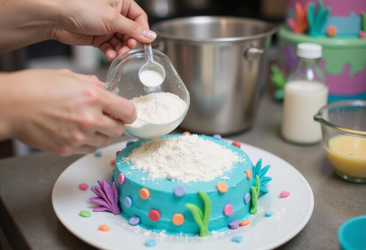 Measuring ingredients for a vibrant mermaid birthday cake, including flour and sugar in a colorful kitchen.