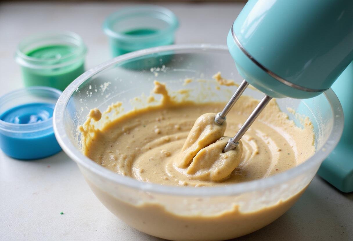 Creating a colorful cake batter for a mermaid birthday cake, featuring blue and green food coloring for a vibrant look.