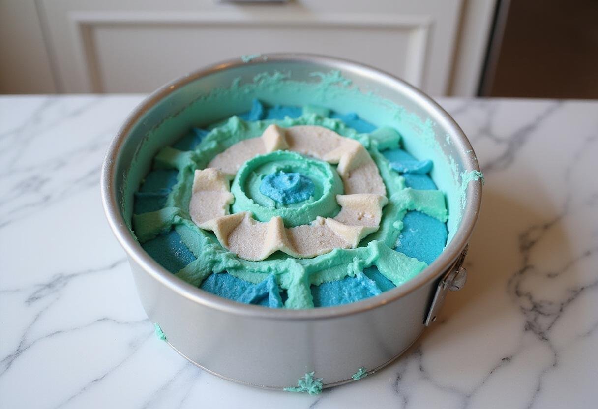 Preparing a cake pan with colorful layers of mermaid birthday cake batter, showcasing the fun theme and colors.