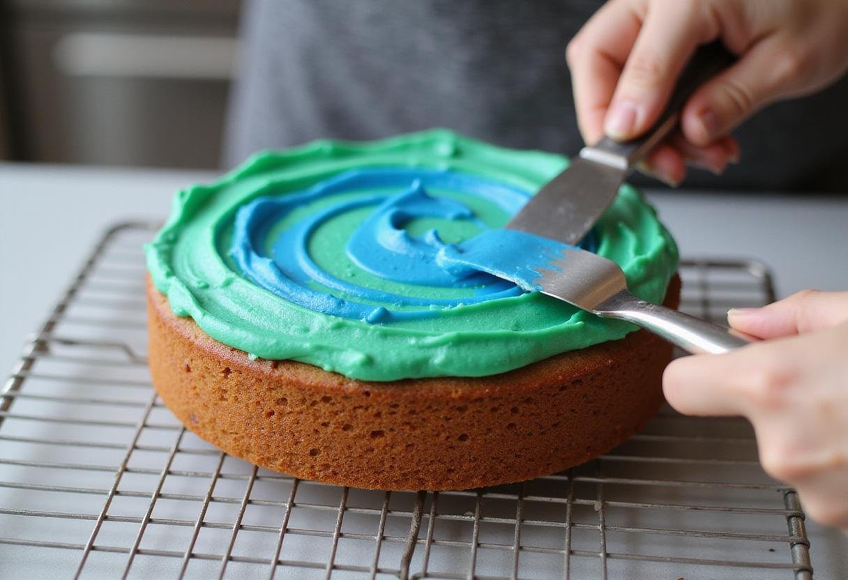 Frosting a mermaid birthday cake with colorful blue and green frosting for a fun and festive celebration.