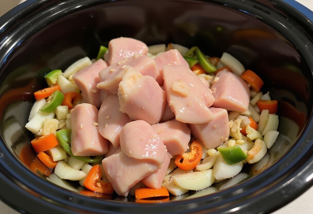 Chicken pieces added to a crockpot with fresh vegetables for a delicious adobo chicken crockpot recipe.