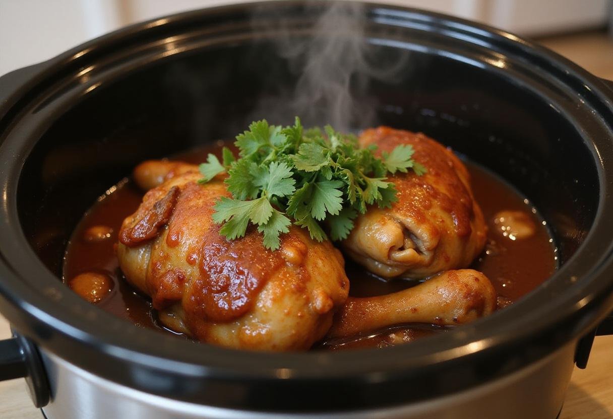 Delicious adobo chicken simmering in the crockpot, showcasing the flavorful Mexican dish ready to be served.