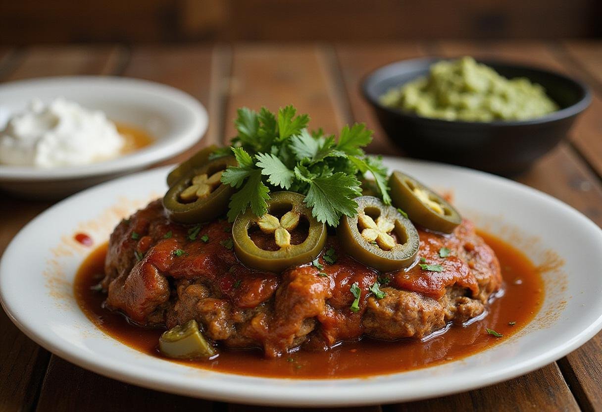 Delicious Mexican meatloaf displayed on a wooden table, featuring vibrant garnishes and accompaniments, perfect for a taco night.