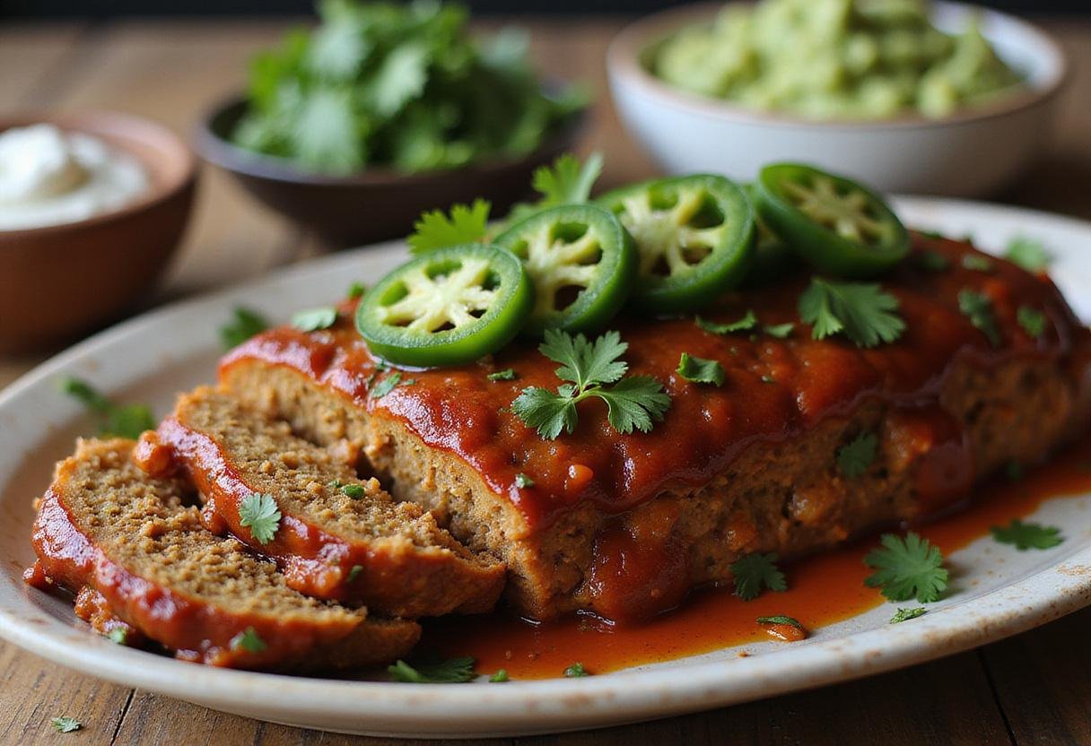 Delicious Mexican meatloaf displayed on a wooden table, featuring vibrant garnishes and accompaniments, perfect for a taco night.