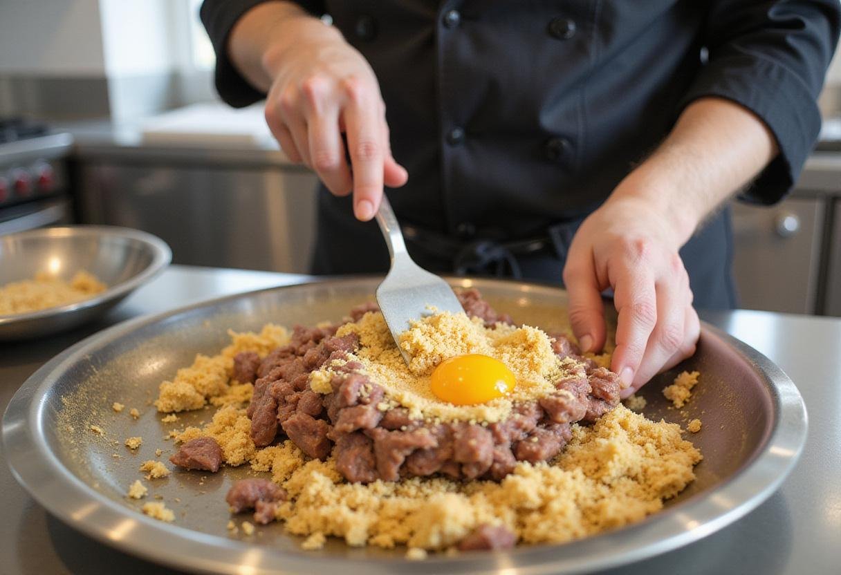 Combining breadcrumbs and eggs in the Mexican meatloaf preparation to create a rich, hearty taco meatloaf.