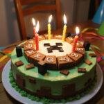 Stunning Minecraft birthday cake presentation with iconic designs and festive decorations on a rustic wooden table.