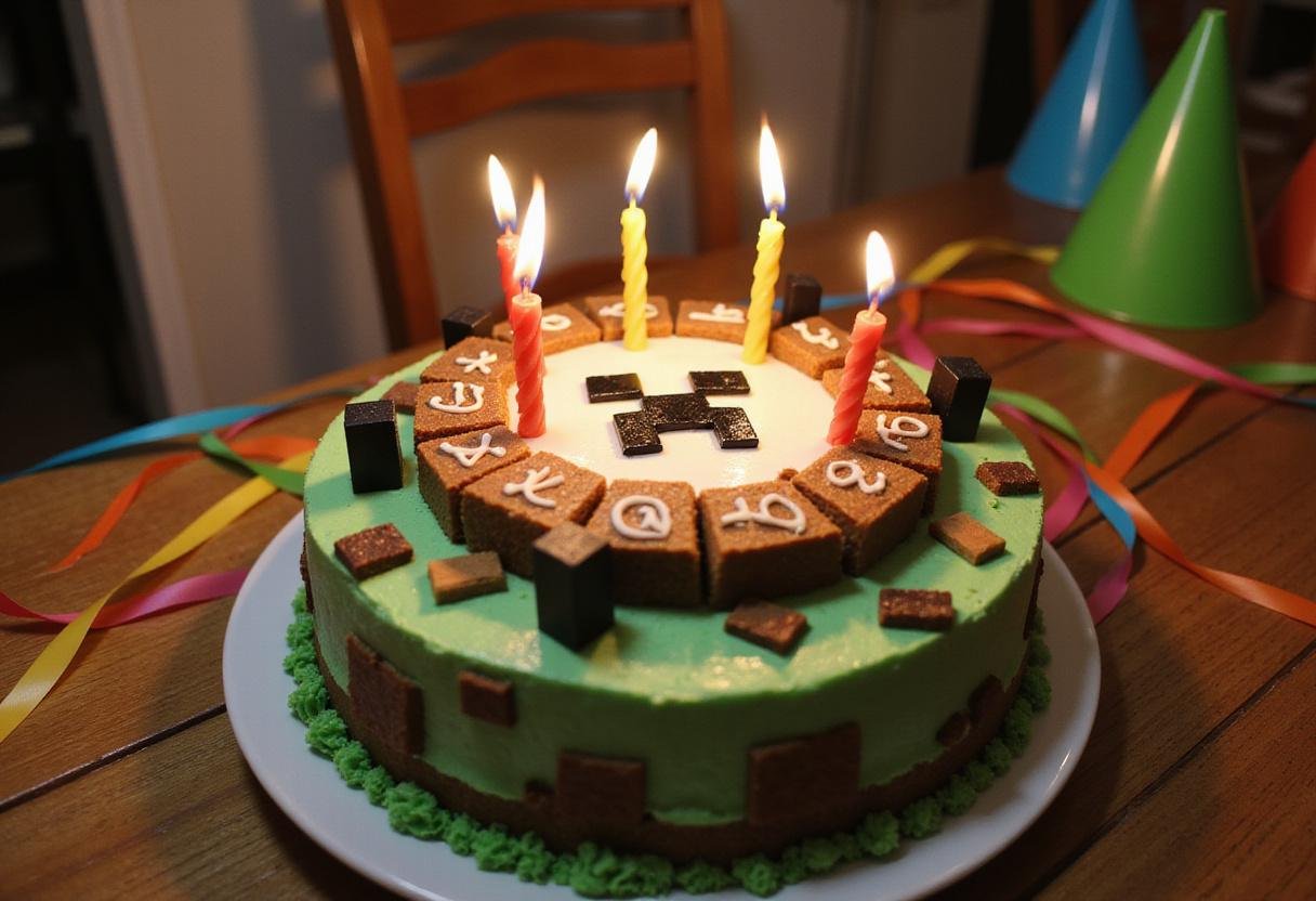 Stunning Minecraft birthday cake presentation with iconic designs and festive decorations on a rustic wooden table.