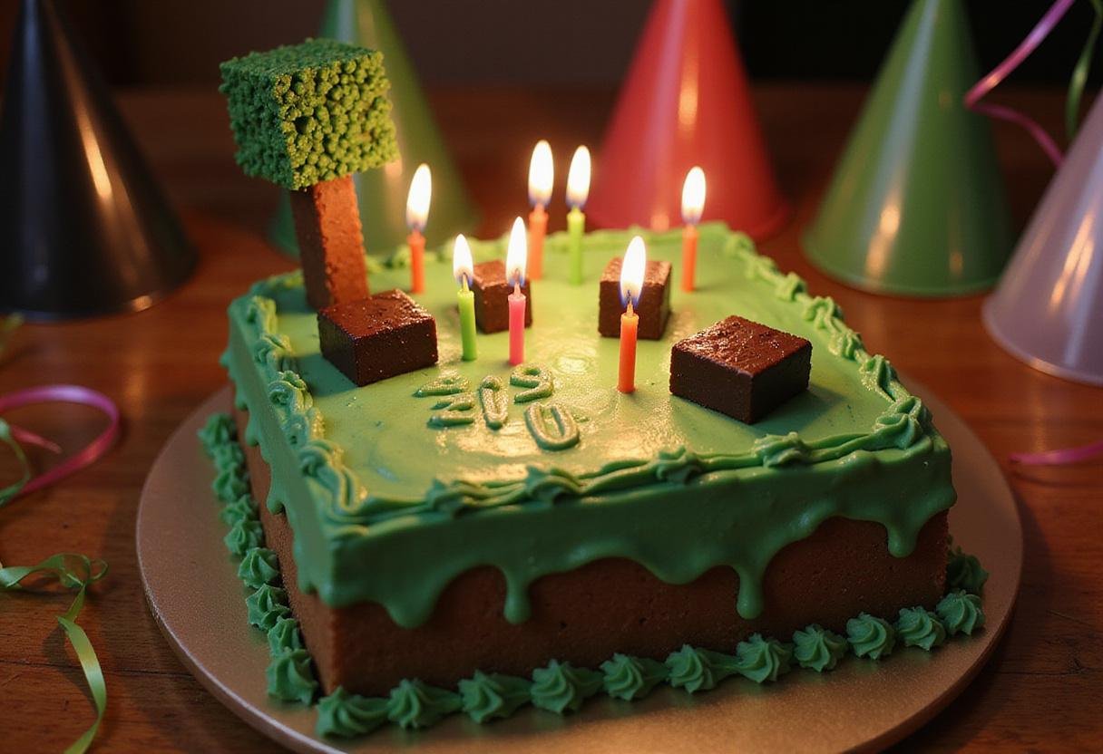 Stunning Minecraft birthday cake presentation with iconic designs and festive decorations on a rustic wooden table.