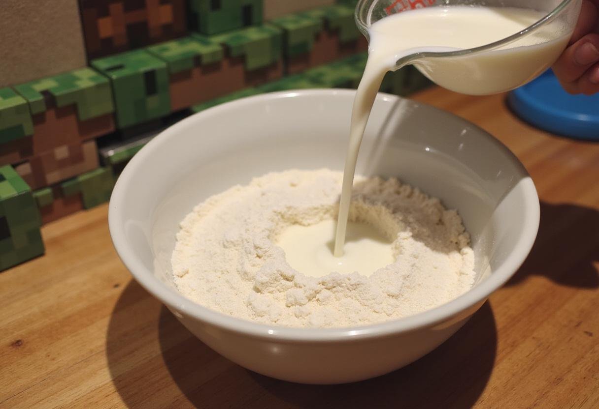 Minecraft birthday cake ingredients preparation with flour, sugar, and milk on a rustic wooden countertop.