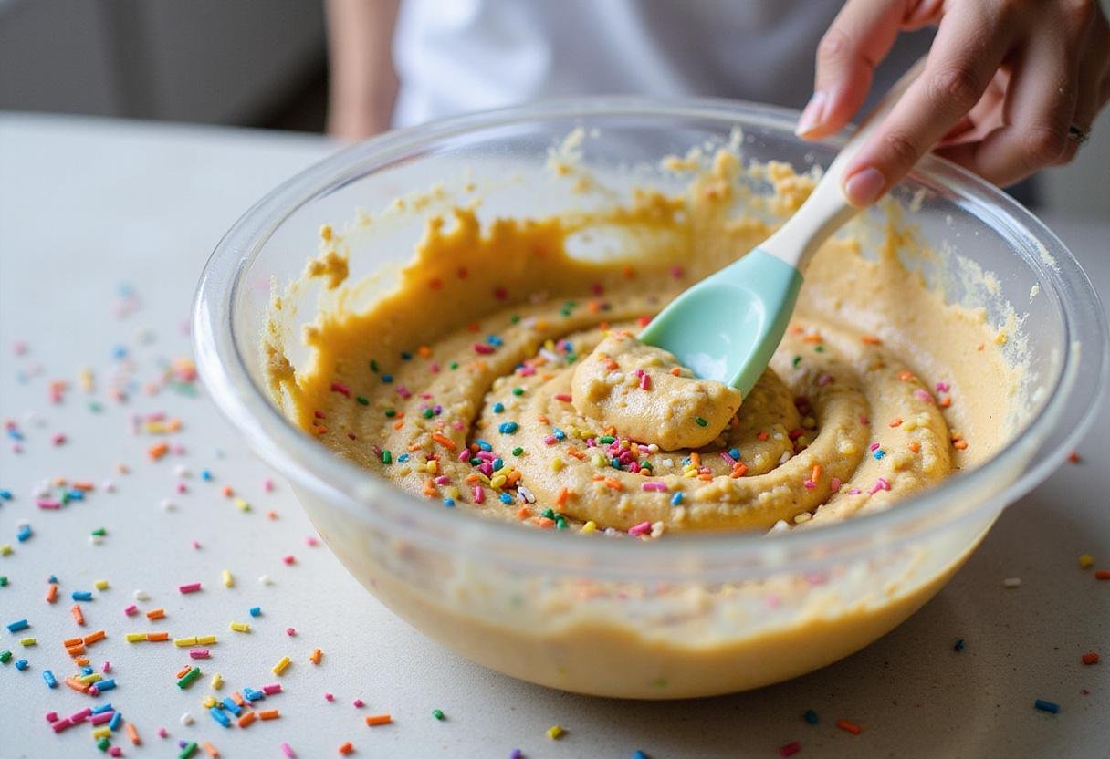 Vibrant cake batter for a Minecraft birthday cake being prepared with colorful sprinkles on a wooden kitchen surface.