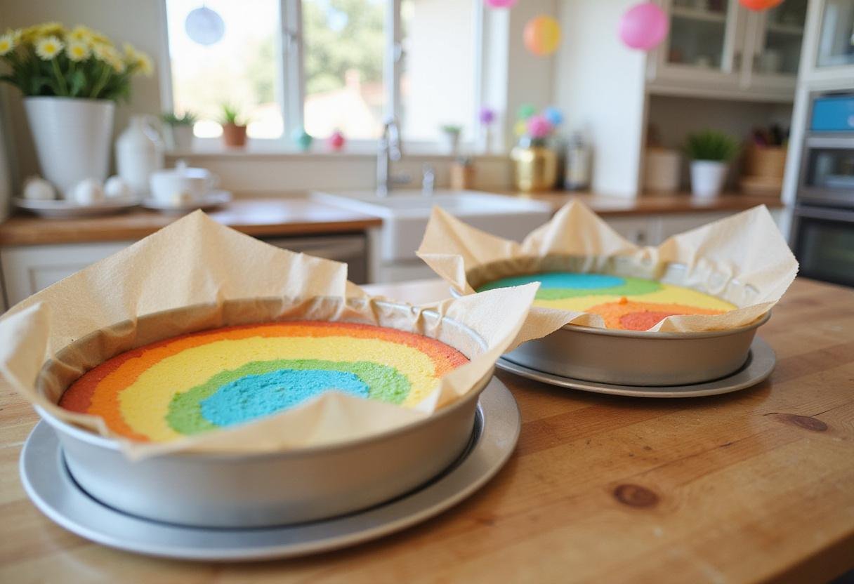 Preparing multicolored layers of a Minecraft birthday cake in round cake pans, surrounded by festive party decorations.