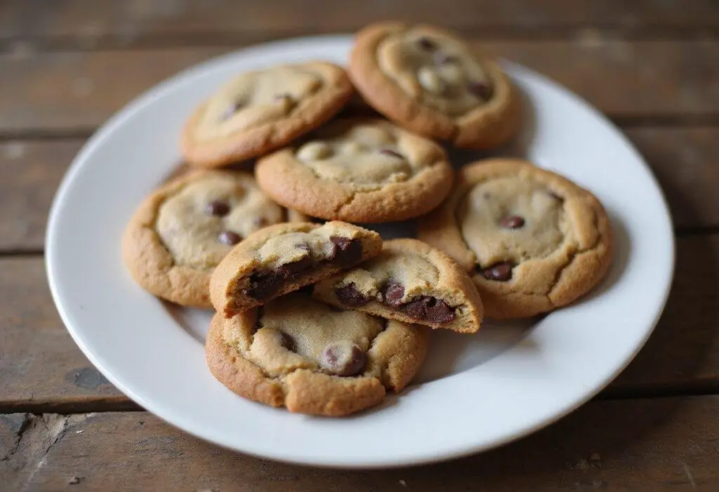 Freshly baked mini chocolate chip cookies arranged on a plate, showcasing their delightful texture and mini chocolate chips, perfect for a snack or dessert.