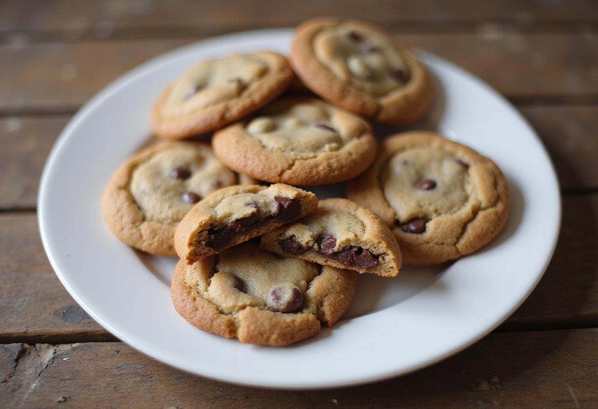 Freshly baked mini chocolate chip cookies arranged on a plate, showcasing their delightful texture and mini chocolate chips, perfect for a snack or dessert.
