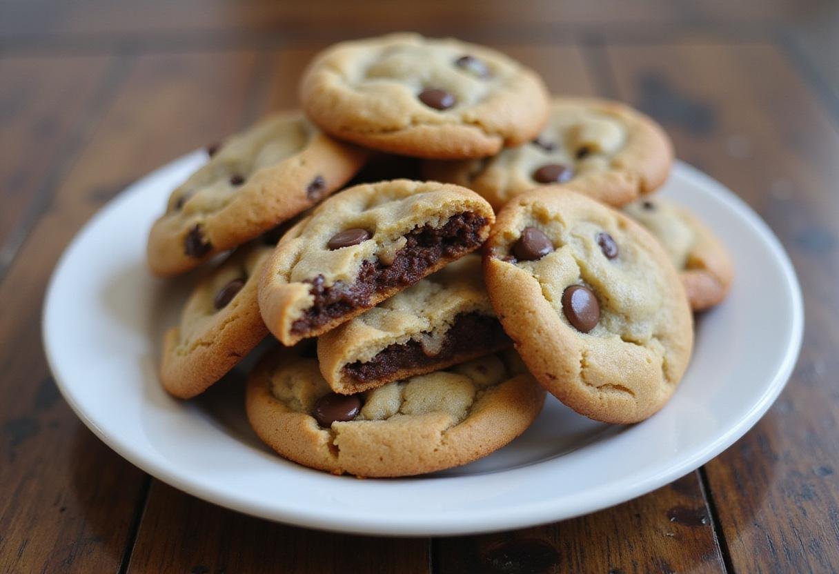 Freshly baked mini chocolate chip cookies arranged on a plate, showcasing their delightful texture and mini chocolate chips, perfect for a snack or dessert.