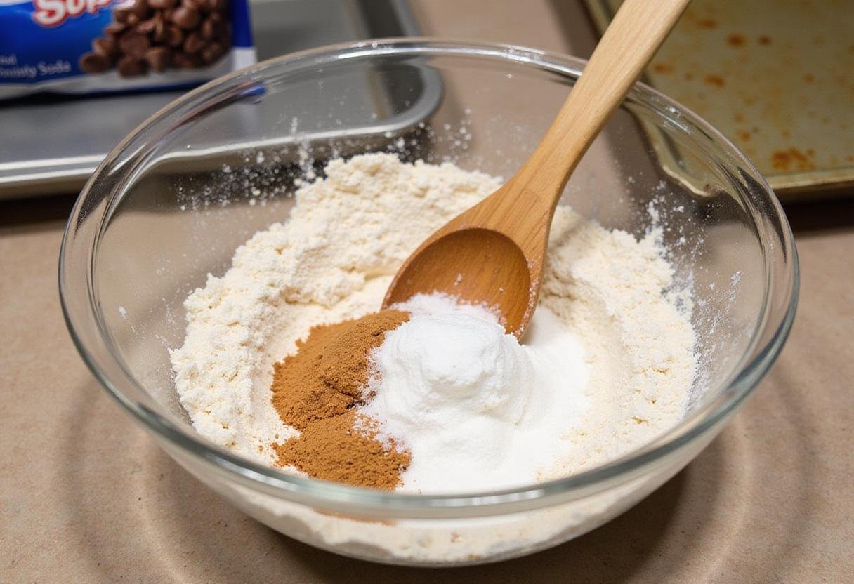 Mixing dry ingredients for mini chocolate chip cookies, including flour, sugar, and baking soda, showcasing the beginning of a delicious mini chocolate chip cookies recipe.