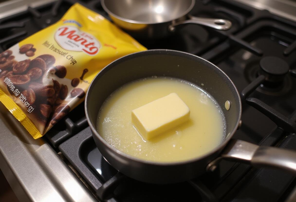 Melting butter in a saucepan for mini chocolate chip cookies with mini chips, highlighting a crucial step in the process of making rich and tasty cookies.