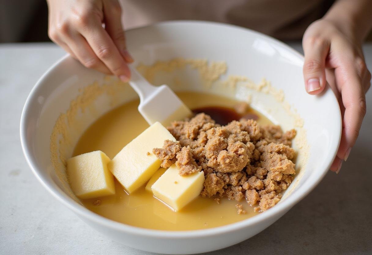 Combining melted butter, brown sugar, and vanilla essence for mini chocolate chip cookies, illustrating the preparation of a sweet dough mixture.