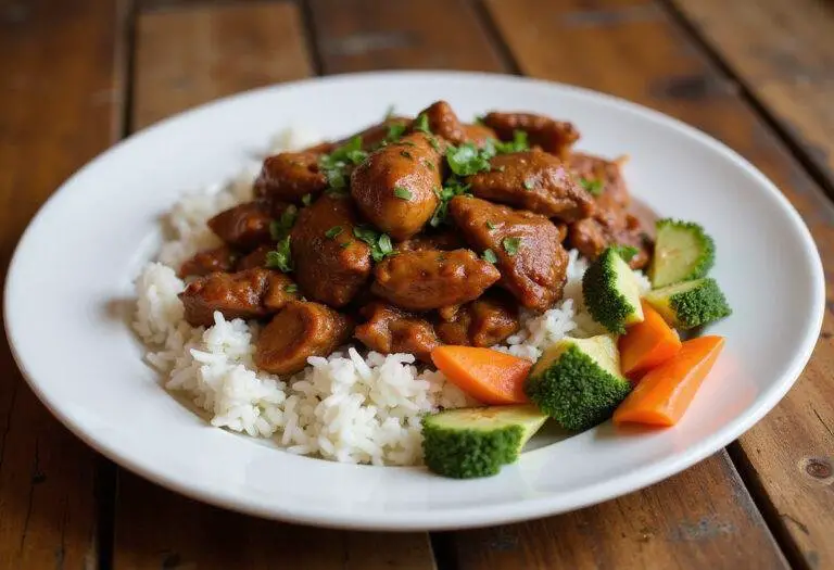 Final presentation of the delicious adobo chicken from Moe's, showcasing an attractive plate with rice and side vegetables.