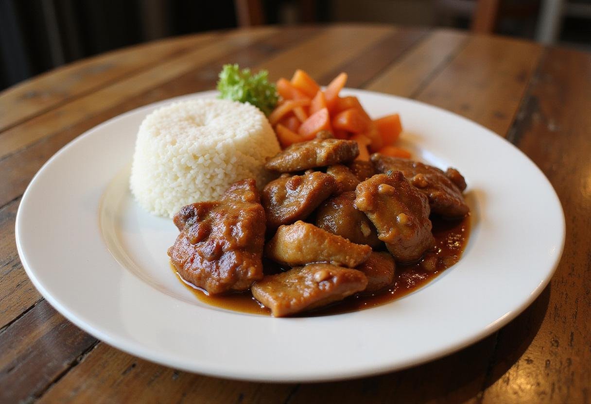 Final presentation of the delicious adobo chicken from Moe's, showcasing an attractive plate with rice and side vegetables.