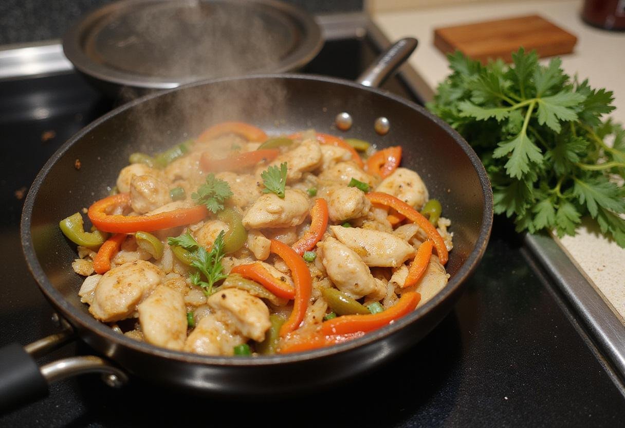 Sautéing marinated chicken and vegetables to create a tasty adobo chicken dish inspired by Moe's adobo chicken.
