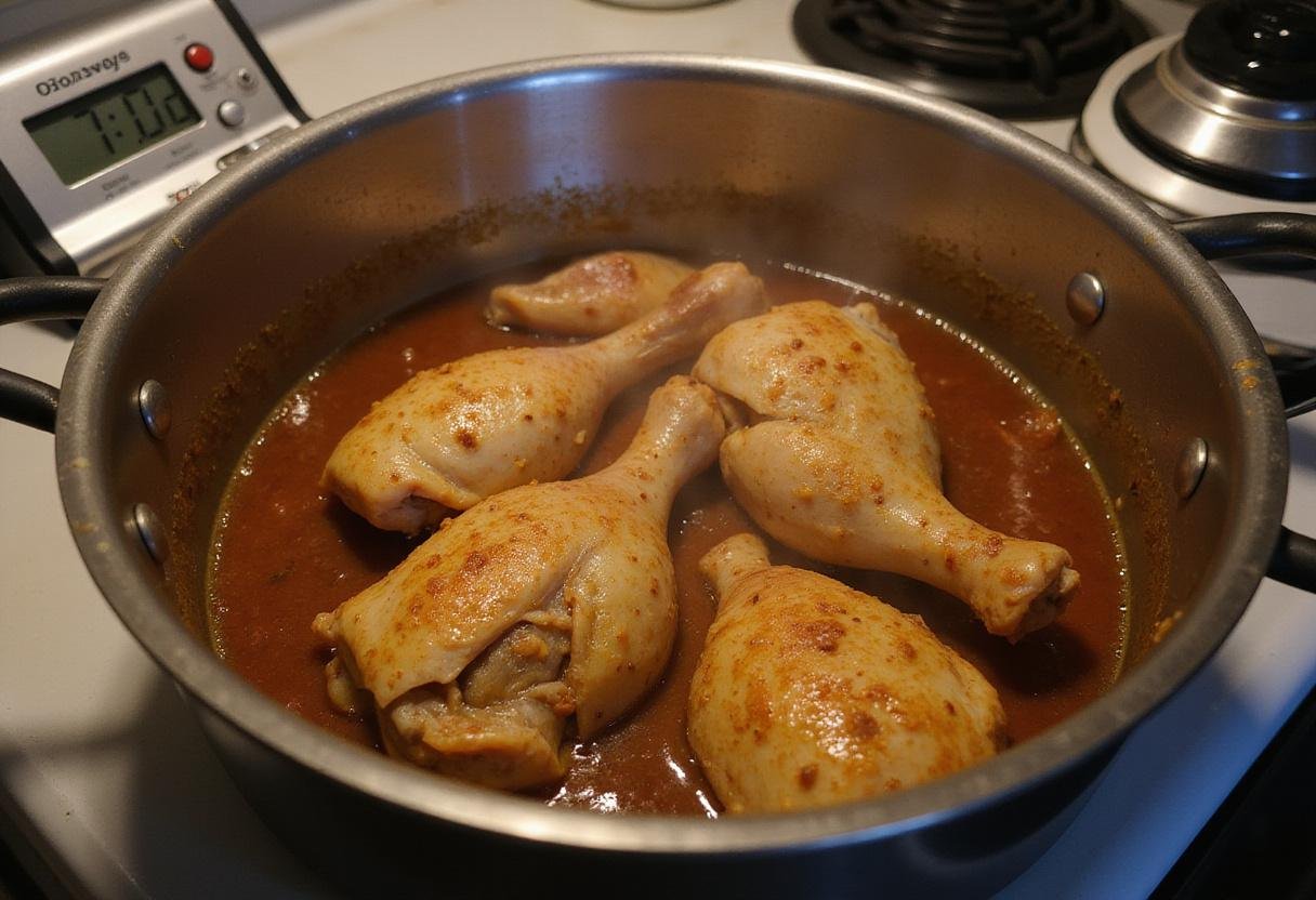 Simmering adobo chicken in a savory sauce, showcasing the preparation steps for Moe's delicious adobo chicken recipe.